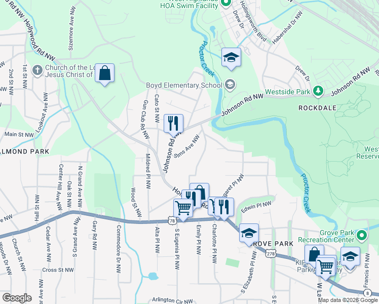 map of restaurants, bars, coffee shops, grocery stores, and more near 987 Sims Avenue Northwest in Atlanta