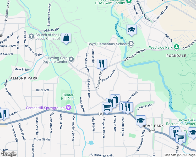 map of restaurants, bars, coffee shops, grocery stores, and more near 25 Johnson Road Northwest in Atlanta
