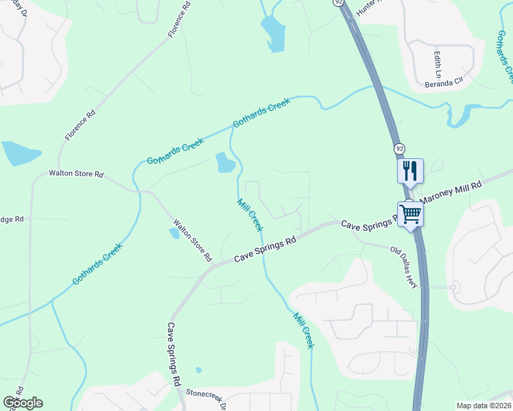 map of restaurants, bars, coffee shops, grocery stores, and more near 6953 Foxmoor Way in Douglasville