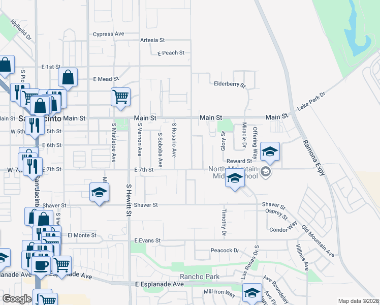 map of restaurants, bars, coffee shops, grocery stores, and more near 630 Camino Los Banos in San Jacinto