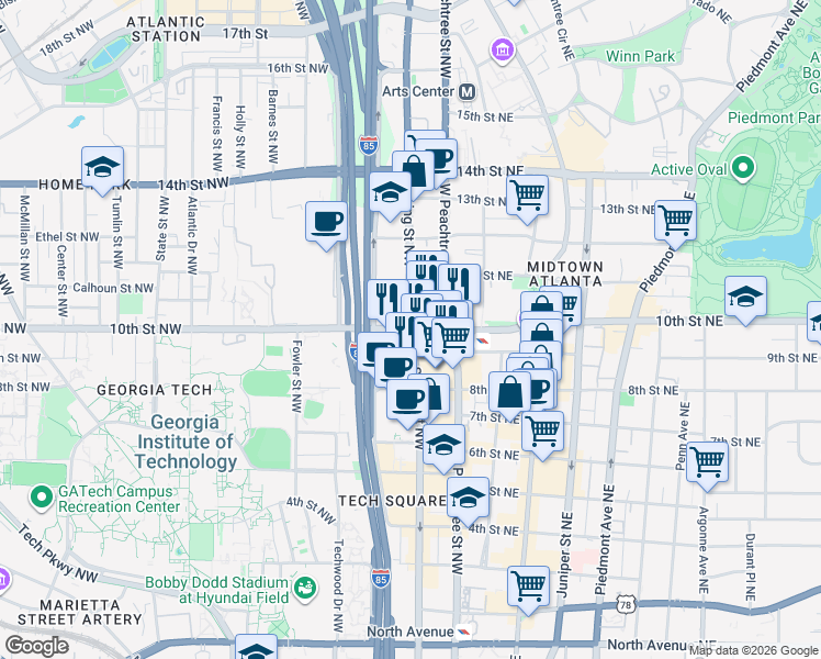 map of restaurants, bars, coffee shops, grocery stores, and more near 10th St NW & Spring St NW in Atlanta