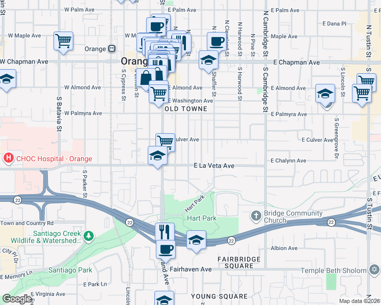 map of restaurants, bars, coffee shops, grocery stores, and more near 449 South Grand Street in Orange