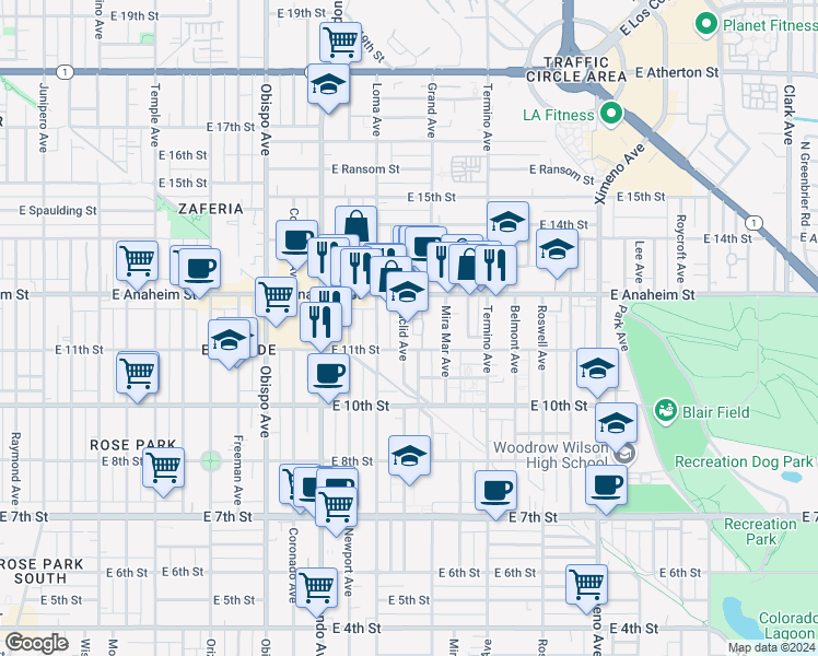 map of restaurants, bars, coffee shops, grocery stores, and more near 1100 Euclid Avenue in Long Beach