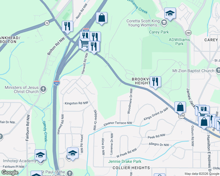 map of restaurants, bars, coffee shops, grocery stores, and more near 3078 Azlee Place Northwest in Atlanta