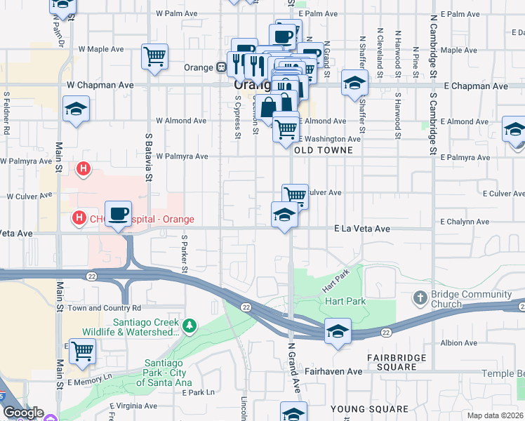 map of restaurants, bars, coffee shops, grocery stores, and more near 447 South Lemon Street in Orange