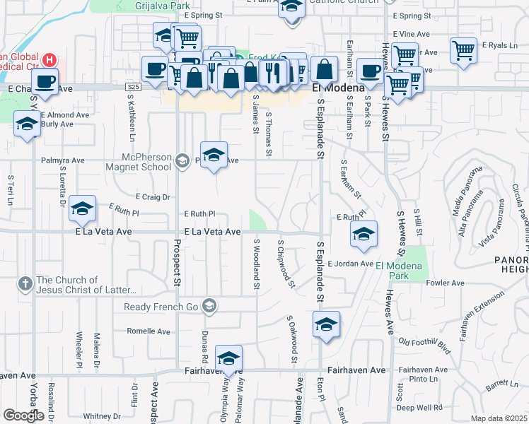 map of restaurants, bars, coffee shops, grocery stores, and more near 438 South James Street in Orange