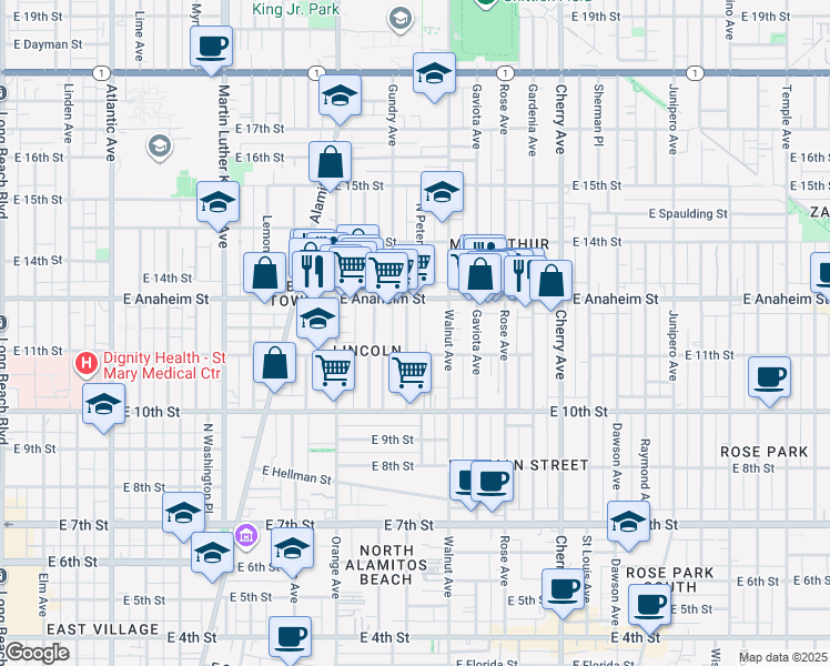 map of restaurants, bars, coffee shops, grocery stores, and more near 1136 Hoffman Avenue in Long Beach