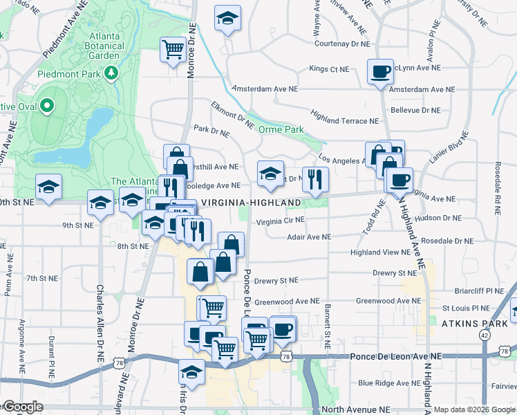 map of restaurants, bars, coffee shops, grocery stores, and more near 747 Virginia Avenue Northeast in Atlanta