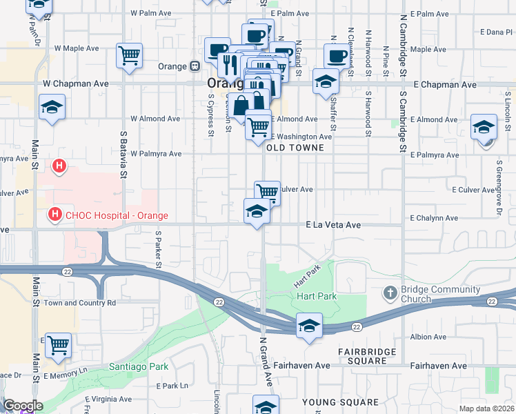 map of restaurants, bars, coffee shops, grocery stores, and more near 454 South Glassell Street in Orange