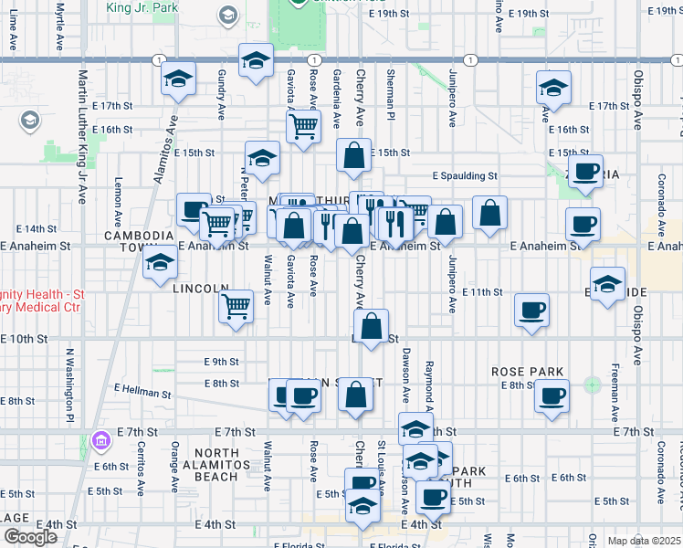 map of restaurants, bars, coffee shops, grocery stores, and more near 1130 Gardenia Avenue in Long Beach