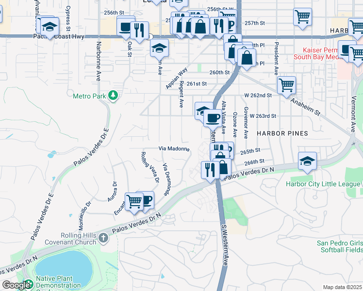 map of restaurants, bars, coffee shops, grocery stores, and more near 1931 Via Madonna in Lomita