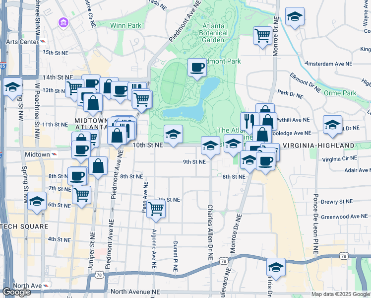 map of restaurants, bars, coffee shops, grocery stores, and more near 371 10th Street Northeast in Atlanta