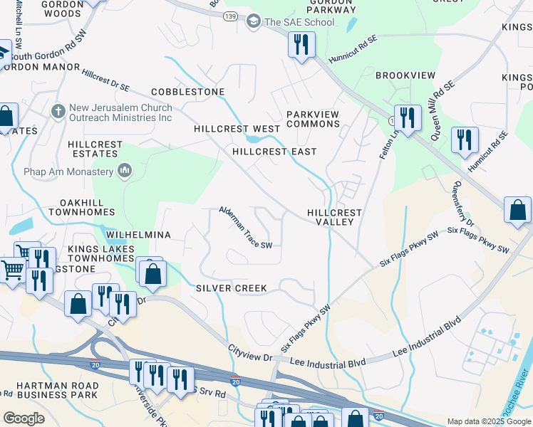 map of restaurants, bars, coffee shops, grocery stores, and more near 112 Hillcrest Chase Terrace in Austell