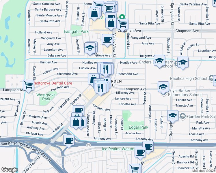 map of restaurants, bars, coffee shops, grocery stores, and more near in Garden Grove