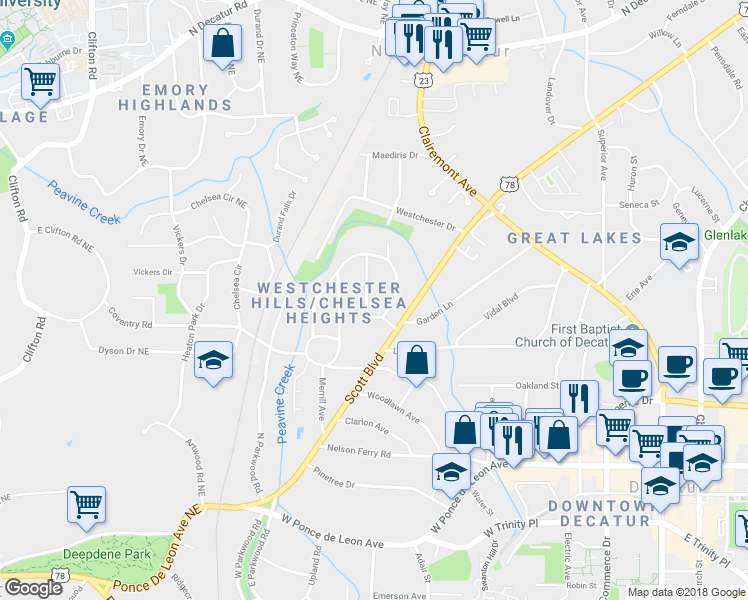 map of restaurants, bars, coffee shops, grocery stores, and more near 135 Ridley Circle in Decatur