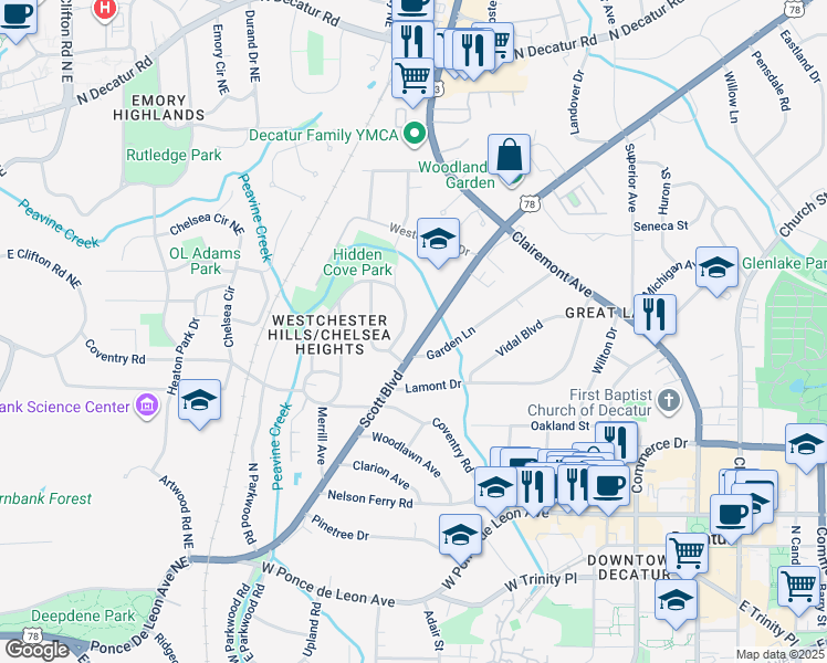 map of restaurants, bars, coffee shops, grocery stores, and more near 116 Mockingbird Lane in Decatur