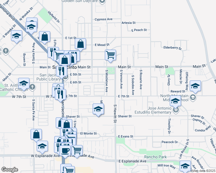 map of restaurants, bars, coffee shops, grocery stores, and more near 621 South Mistletoe Avenue in San Jacinto