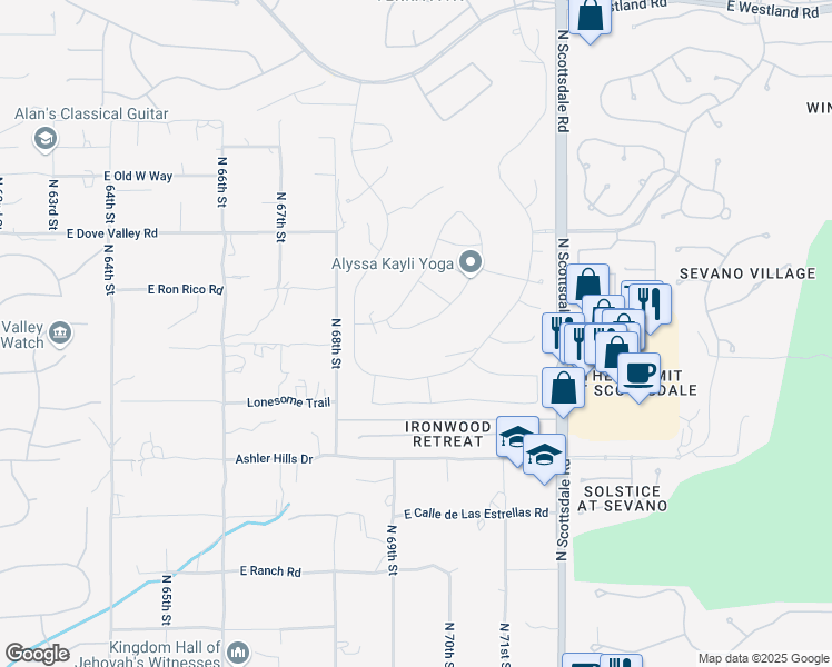 map of restaurants, bars, coffee shops, grocery stores, and more near 32675 North 70th Street in Scottsdale
