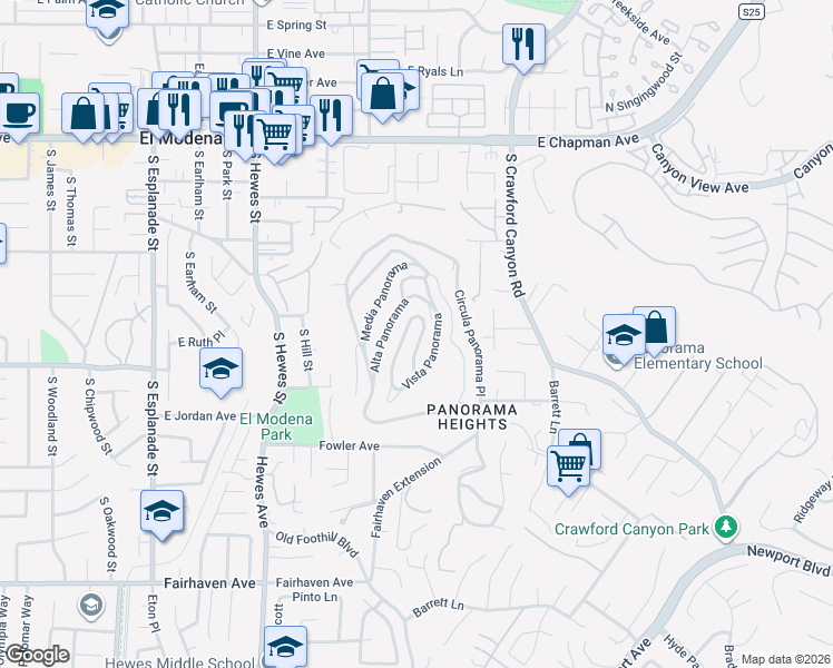 map of restaurants, bars, coffee shops, grocery stores, and more near 12622 Vista Panorama in Santa Ana