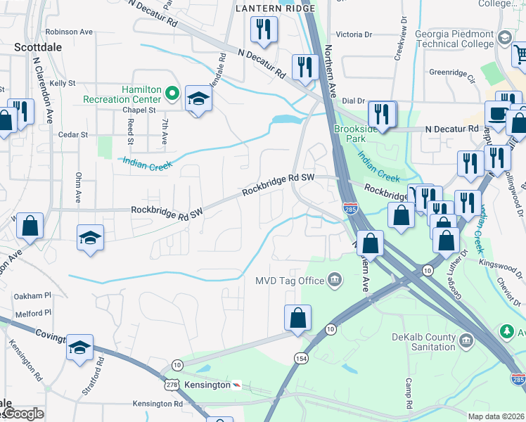 map of restaurants, bars, coffee shops, grocery stores, and more near 444 Kensington Parc Drive in Avondale Estates