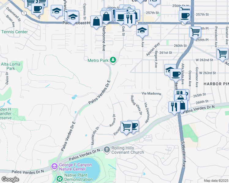 map of restaurants, bars, coffee shops, grocery stores, and more near 55 Encanto Drive in Rolling Hills Estates