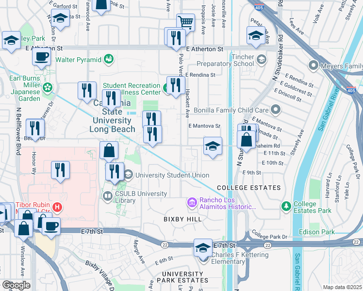 map of restaurants, bars, coffee shops, grocery stores, and more near Palo Verde Ave & E Anaheim Rd in Long Beach