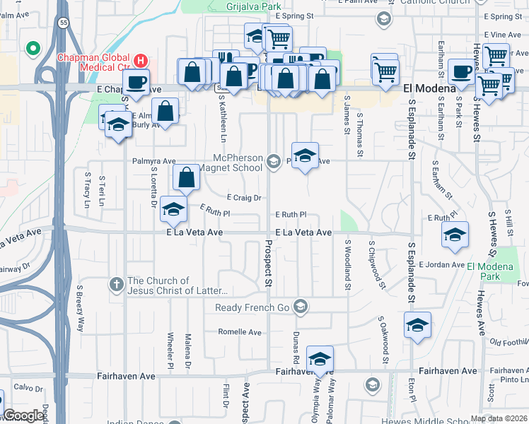 map of restaurants, bars, coffee shops, grocery stores, and more near 3215 East Ruth Place in Orange