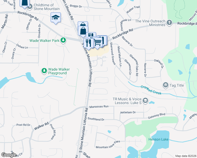 map of restaurants, bars, coffee shops, grocery stores, and more near 5766 Wells Circle in Stone Mountain