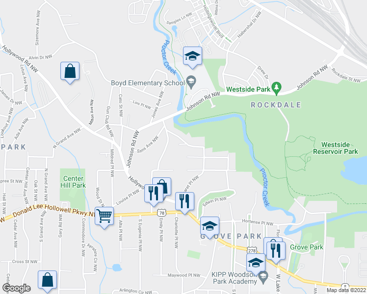 map of restaurants, bars, coffee shops, grocery stores, and more near 971 Colquitt Place Northwest in Atlanta