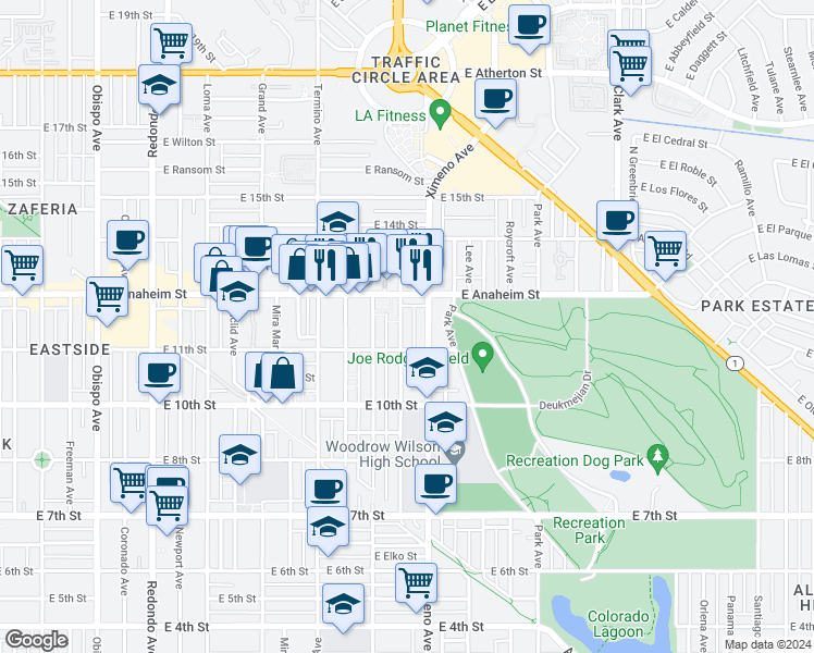 map of restaurants, bars, coffee shops, grocery stores, and more near 1136 Bennett Avenue in Long Beach