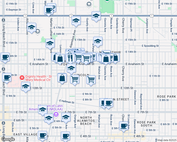 map of restaurants, bars, coffee shops, grocery stores, and more near 1108 Mahanna Avenue in Long Beach