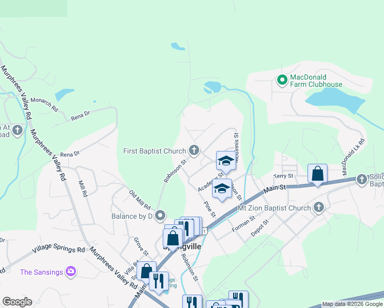 map of restaurants, bars, coffee shops, grocery stores, and more near 980 Robinson Street in Springville