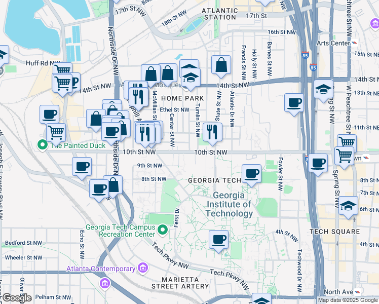 map of restaurants, bars, coffee shops, grocery stores, and more near 10th Street Northwest in Atlanta