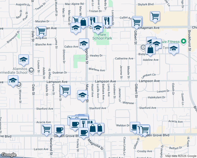 map of restaurants, bars, coffee shops, grocery stores, and more near 9081 Lampson Avenue in Garden Grove