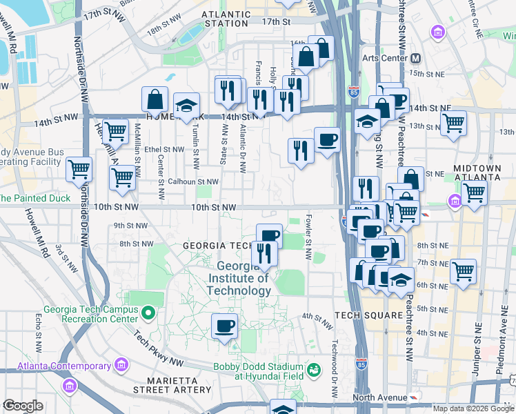 map of restaurants, bars, coffee shops, grocery stores, and more near 10th Street Northwest in Atlanta