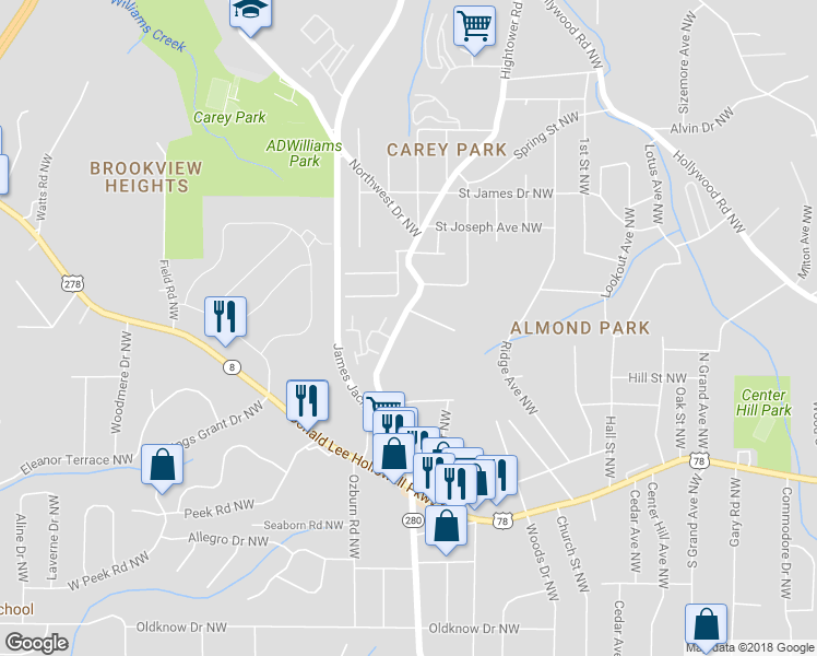 map of restaurants, bars, coffee shops, grocery stores, and more near 963 Hightower Road Northwest in Atlanta