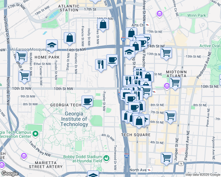 map of restaurants, bars, coffee shops, grocery stores, and more near 184 10th Street Northwest in Atlanta