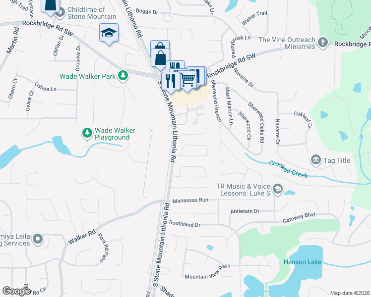 map of restaurants, bars, coffee shops, grocery stores, and more near 5766 Wells Circle in Stone Mountain