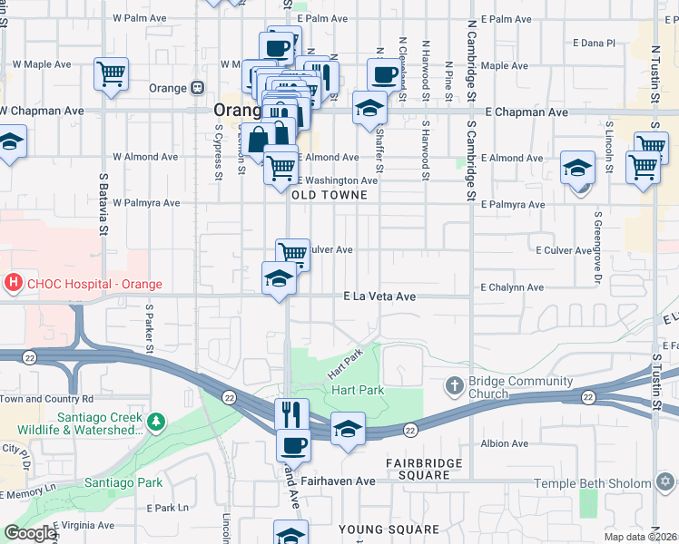 map of restaurants, bars, coffee shops, grocery stores, and more near 449 South Grand Street in Orange