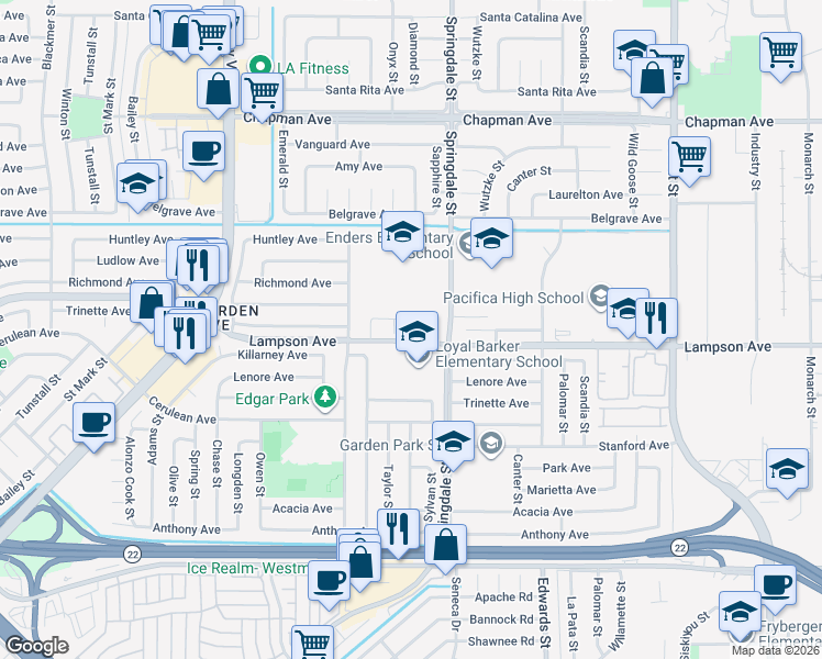 map of restaurants, bars, coffee shops, grocery stores, and more near 12461 Poplar Street in Garden Grove