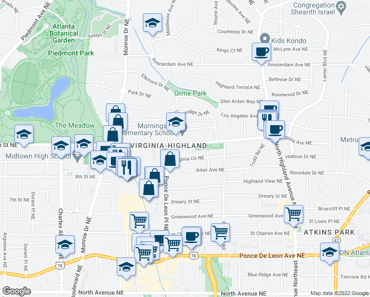 map of restaurants, bars, coffee shops, grocery stores, and more near 791 Virginia Avenue Northeast in Atlanta
