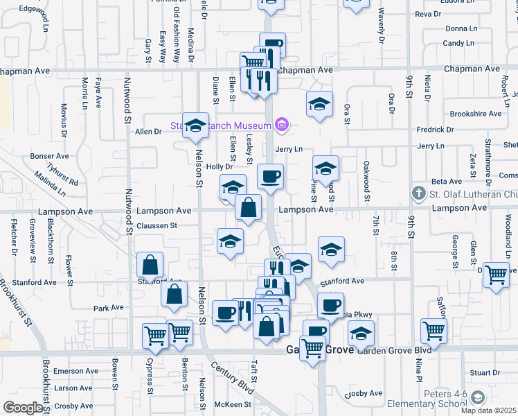 map of restaurants, bars, coffee shops, grocery stores, and more near 10951 Lampson Avenue in Garden Grove