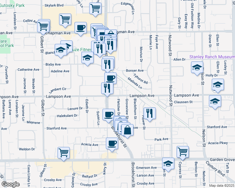 map of restaurants, bars, coffee shops, grocery stores, and more near 10071 Lampson Avenue in Garden Grove