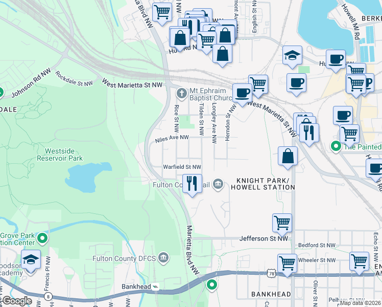 map of restaurants, bars, coffee shops, grocery stores, and more near 971 Carr Street Northwest in Atlanta