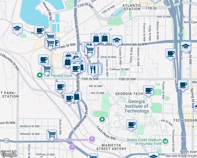 map of restaurants, bars, coffee shops, grocery stores, and more near 10th St NW & Hemphill Ave NW in Atlanta