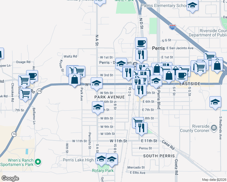 map of restaurants, bars, coffee shops, grocery stores, and more near 306 West 5th Street in Perris