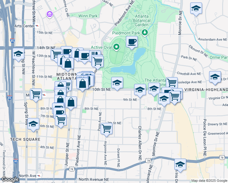 map of restaurants, bars, coffee shops, grocery stores, and more near 331 10th Street Northeast in Atlanta