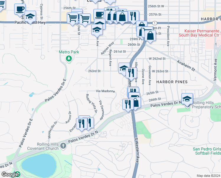 map of restaurants, bars, coffee shops, grocery stores, and more near 1931 Via Madonna in Lomita