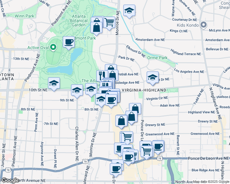 map of restaurants, bars, coffee shops, grocery stores, and more near 600 Virginia Avenue Northeast in Atlanta