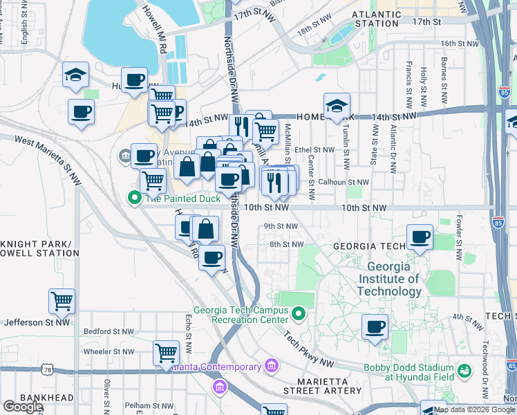 map of restaurants, bars, coffee shops, grocery stores, and more near 10th Street Northwest & Curran Street Northwest in Atlanta